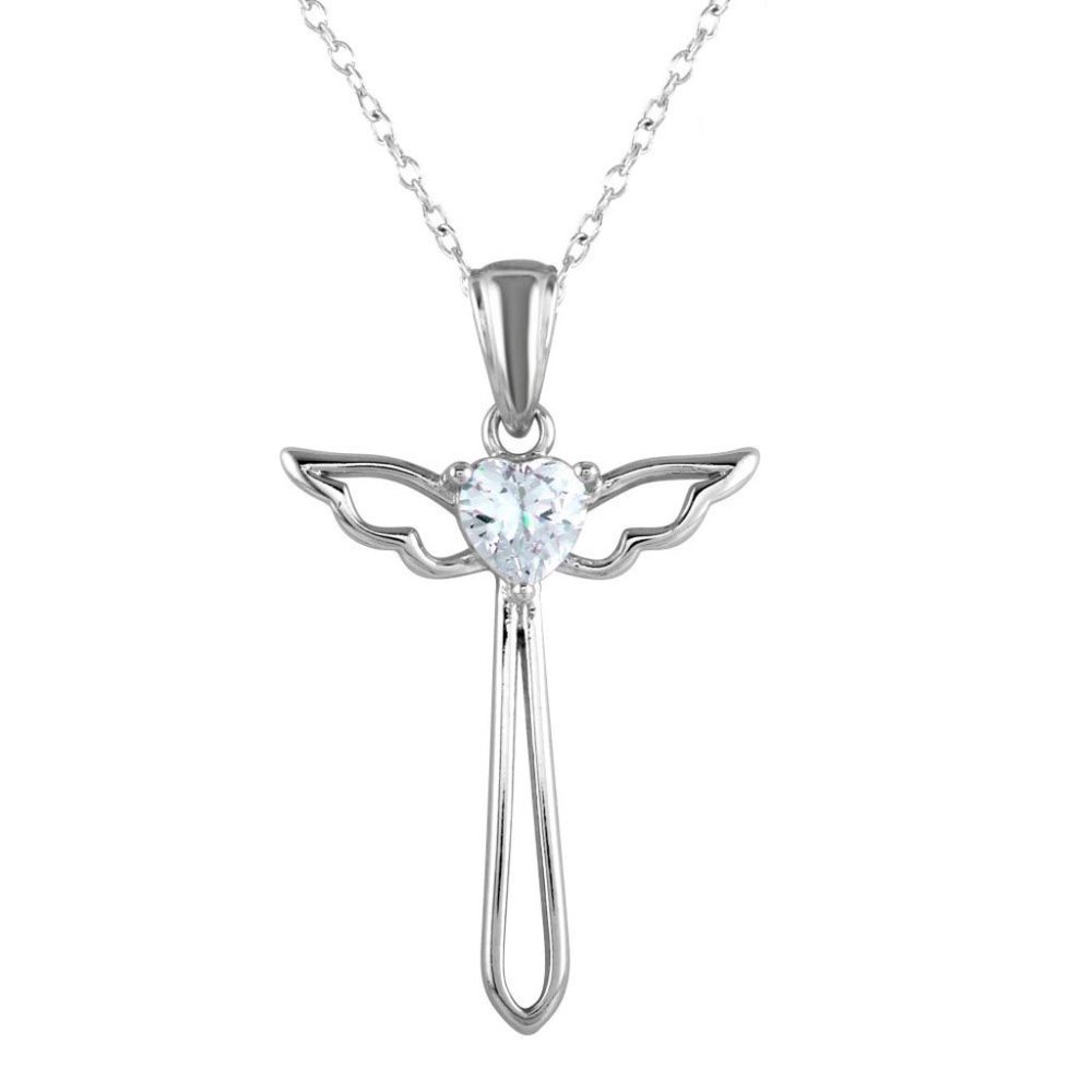 Rhodium Plated 925 Sterling Silver Heart and Wings Cross Necklace with CZ